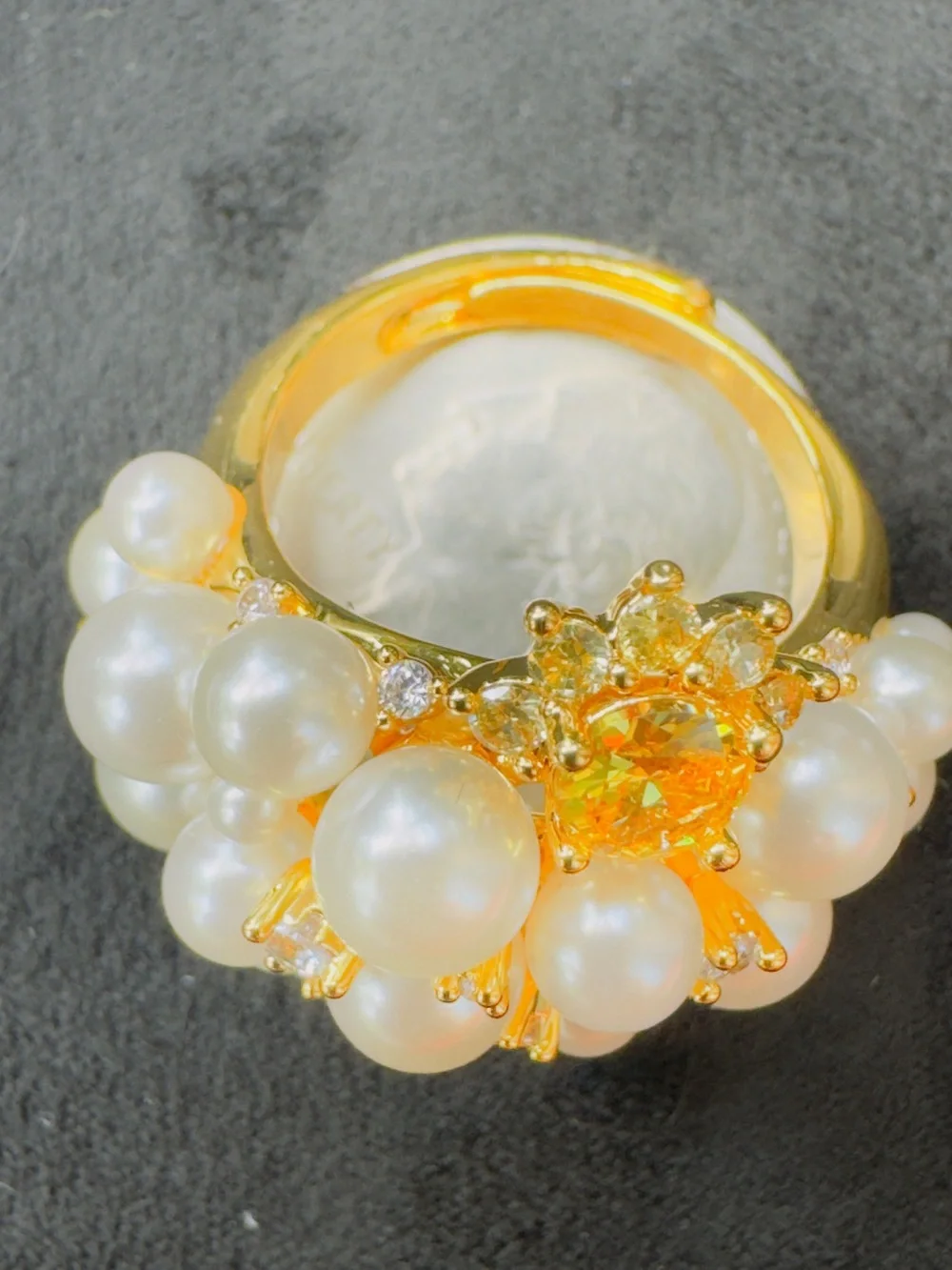 Elegant Gold Pearl Cluster Ring with Yellow and Blue Gem Accents